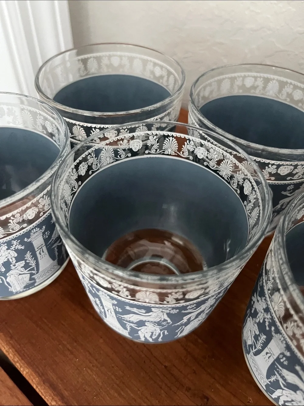 Jeannette Glass Grecian Jasperware Blue and White Classical Motif Glasses (5)